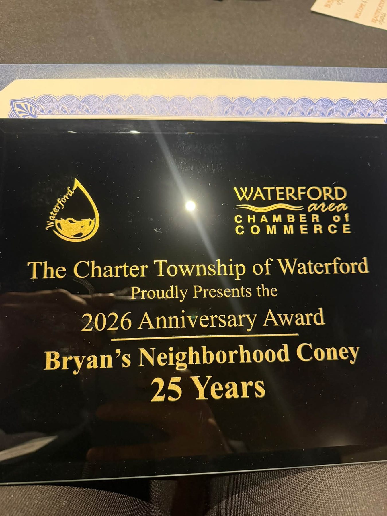 2026 Anniversary Award from the Charter Township of Waterford: Bryan's Neighborhood Coney, 25 Years