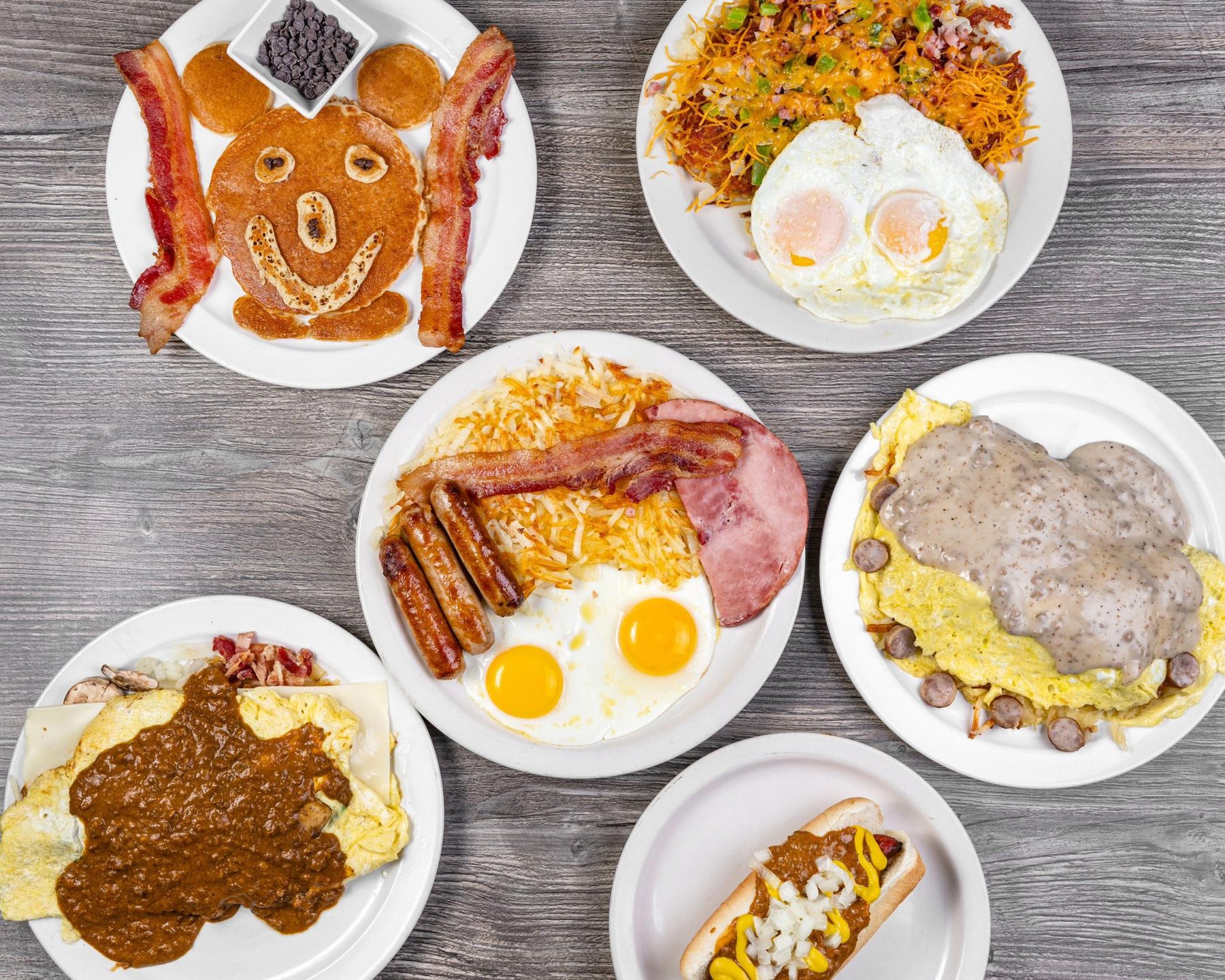 A table full of Bryan's breakfast plates