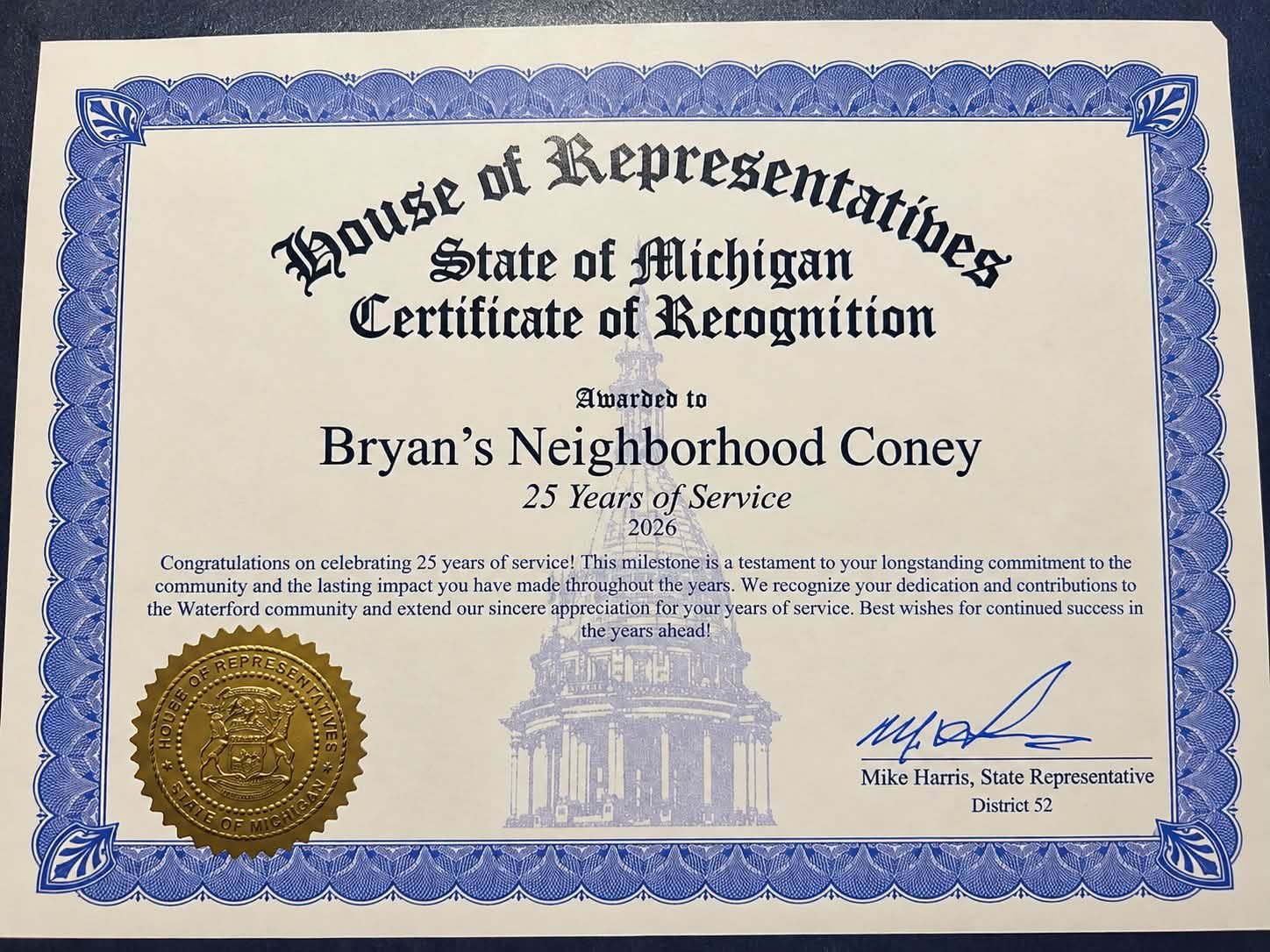 State of Michigan House of Representatives Certificate of Recognition